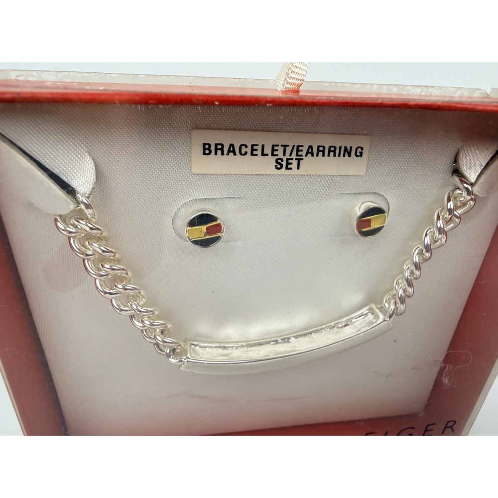 Tommy Hilfiger Silver Tone Bracelet and Earring Set Flag Logo B60343 NEW -B3 - Picture 2 of 6